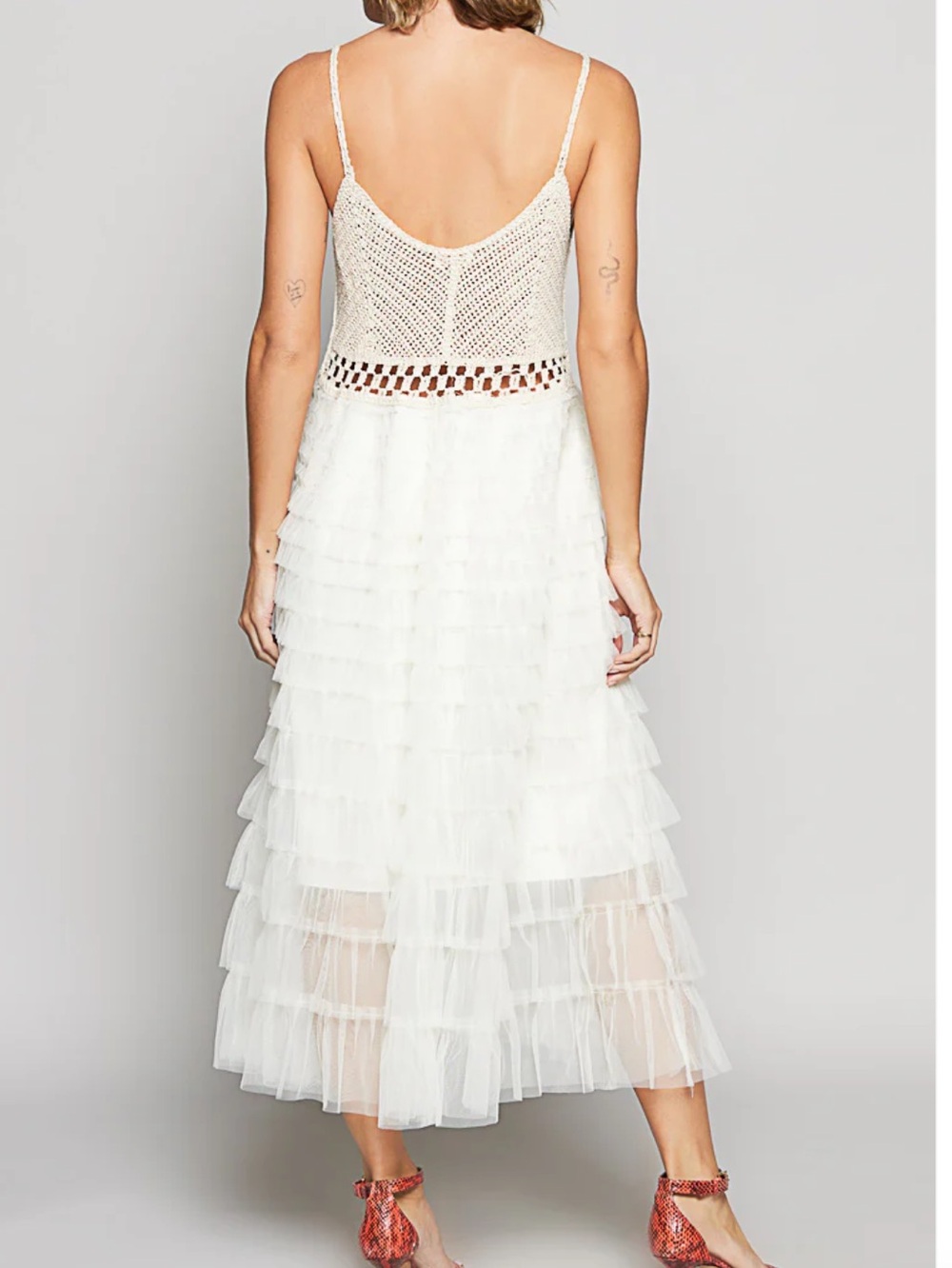 POL White Ecru Tulle Ruffled Midi Dress with Crochet Waist Top - Picture 2 of 15